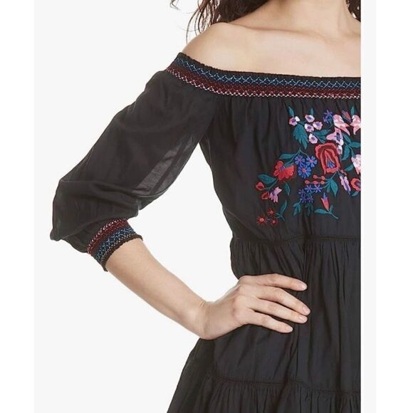 Free People Sunbeams Dress Embroidered Off Shoulder Mini Black Dress M BOHO - Picture 2 of 12